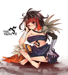  bandage barefoot blush breasts brown_hair cleavage female final_fantasy final_fantasy_x full_body grin headband jecht large_breasts long_hair navel oshiruko_(tsume) red_eyes rule_63 sitting smile solo tattoo torn_clothes tsume_(artist) 