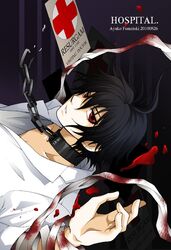  1boy bandages black_hair blood chains chou_shittou_caduceus collar commentary_request cr-s01 fumizuki_ayako hospital_rokunin_no_ishi male_focus md5_mismatch red_eyes solo 