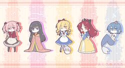  5girls :3 akemi_homura alice_(wonderland)_(cosplay) alice_in_wonderland alternate_costume apple black_hair blonde_hair blue_eyes blue_hair bow braid chibi cosplay crown drill_hair food frown fruit hair_ornament hair_ribbon hairband hairbow hairclip highres kaguya_hime kaguya_hime_(cosplay) kaname_madoka kurosu kyuubee little_red_riding_hood little_red_riding_hood_(cosplay) mahou_shoujo_madoka_magica mermaid miki_sayaka monster_girl mulan multiple_girls open_mouth orange_eyes pink_eyes pink_hair purple_eyes red_eyes red_hair ribbon sakura_kyouko smile snow_white_(cosplay) snow_white_and_the_seven_dwarfs the_little_mermaid the_little_mermaid_(cosplay) tomoe_mami twin_braids wink 