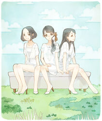  3girls a~chan bad_id bad_pixiv_id brown_hair dress kashiyuka kurage long_hair multiple_girls nocchi_(perfume) open_mouth perfume_(band) short_hair sitting smile 