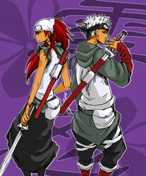  1boy back-to-back baggy_pants bandana commentary_request dark_skin female hood hoodie karui_(naruto) long_hair naruto_(series) naruto_shippuuden ninja ninjatou omoi_(naruto) panko_(pantherkick) pants red_hair scabbard sheath short_sword sword unsheathing weapon white_hair yellow_eyes 