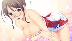  bent_over blush breast_hold breasts brown_hair cleavage female game_cg glasses green_eyes highres koutaro large_breasts looking_at_viewer mukou_aoi open_mouth pink-framed_eyewear solo sparkle tropical_vacation 