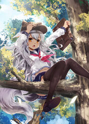  animal_ears animal_hat bisclavret black_thighhighs briefcase chinese_commentary commentary_request day falling female fox_ears fox_tail grey_hair hand_on_own_head hat highres holding holding_briefcase in_tree kaku-san-sei_million_arthur loafers long_hair million_arthur_(series) navel official_art open_mouth photoshop_(medium) school_uniform serafuku shoes sitting sitting_in_tree sky solo tail thighhighs tree wait yellow_eyes 