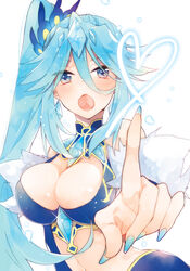  blue_eyes blue_hair breasts cleavage crystal eliza_(sennen_sensou_aigis) female fur_trim karomura large_breasts long_hair nail_polish open_mouth sennen_sensou_aigis side_ponytail 