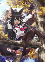  animal_ears animal_hat bisclavret black_hair black_thighhighs blue_eyes briefcase chinese_commentary commentary_request day falling female fox_ears fox_tail garter_straps hair_between_eyes hat highres holding holding_briefcase holding_clothes holding_hat in_tree kaku-san-sei_million_arthur lace lace-trimmed_legwear lace_trim loafers long_hair million_arthur_(series) navel oerba_yun_fang official_art open_mouth photoshop_(medium) school_uniform serafuku shoes sitting sitting_in_tree sky smile solo tail thighhighs tree unworn_hat unworn_headwear wait 