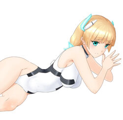  angela_balzac aqua_eyes blonde_hair breasts commentary_request covered_navel cowboy_shot female fingers_together gogi hair_ornament impossible_clothes impossible_leotard large_breasts leotard long_hair looking_at_viewer low_twintails lying on_side rakuen_tsuihou simple_background solo steepled_fingers twintails twisted_torso very_long_hair white_background 