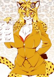  amakuchi angry anthro big_breasts black_hair blonde_hair bottomwear bra bra_peek breasts cheetah chest_tuft cleavage clothed clothing digital_media_(artwork) eyewear felid feline female fur glasses hair hand_on_hip hi_res huge_breasts long_hair looking_at_viewer mammal miniskirt multicolored_hair red_eyes skirt solo teacher tuft two_tone_hair underwear 