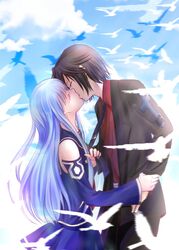  1boy aoki_hagane_no_arpeggio blue_hair chihaya_gunzou commentary_request couple detached_sleeves feathers female highres iona_(aoki_hagane_no_arpeggio) kissing long_hair necktie poifuru_hana sailor short_hair straight 