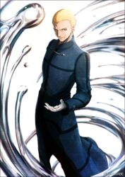  1boy arm_behind_back bangs_pinned_back blonde_hair blue_eyes coat commentary_request fate/zero fate_(series) full_body gloves k-suwabe kayneth_el-melloi_archibald long_coat long_sleeves looking_at_viewer male_focus mercury_(element) smile solo standing swirling white_gloves 