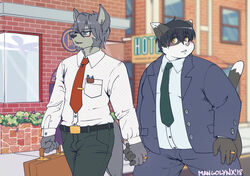  black_bottomwear black_clothing black_pants blue_bottomwear blue_clothing blue_coat blue_pants blue_shirt blue_topwear bottomwear canid canine clothing coat domestic_cat duo eyewear felid feline felis glasses hand_holding male male/male mammal mangolynx mitsuhisa_aotsuki morenatsu necktie neko-itoi obese obese_male outside overweight overweight_male pants public shirt suitcase topwear white_clothing white_shirt white_topwear 