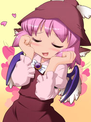  animal_ears blush brooch closed_eyes commentary_request female hat heart heart_in_mouth jewelry mystia_lorelei open_mouth photoshop_(medium) pink_hair short_hair simple_background smile solo touhou upper_body wings you_naka 