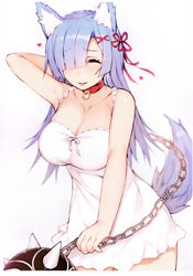  :p ^_^ absurdres alternate_breast_size alternate_costume alternate_hair_length alternate_hairstyle animal_ears arm_up ball_and_chain_(weapon) bare_arms bare_shoulders blue_hair blunt_bangs blush breasts chains cleavage closed_eyes closed_mouth collar collarbone dress female fox_ears fox_tail hair_ornament hair_over_one_eye hair_ribbon heart highres holding holding_weapon kemonomimi_mode large_breasts long_hair mukka re:zero_kara_hajimeru_isekai_seikatsu red_ribbon rem_(re:zero) ribbon simple_background sleeveless sleeveless_dress smile solo spike_ball spiked_ball_and_chain sundress sweat tail tongue tongue_out weapon white_background white_dress white_ribbon x_hair_ornament 