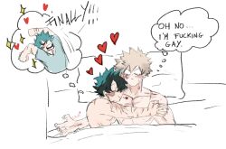  abs after_sex aged_up bakugou_katsuki bed bed_sheet bkdkmama blonde_hair blush boku_no_hero_academia bones_(company) celebration closed_yes curly_hair english_text green_hair happy happy_sex heart highres hug lying male_focus meme midoriya_izuku muscular nipples on_bed pectorals pillow scar scar_on_arm scar_on_chest scar_on_face scar_on_hand sex shirt shounen_jump simple_background size_difference sleeping spiked_hair surprised sweat thinking white_background yaoi 