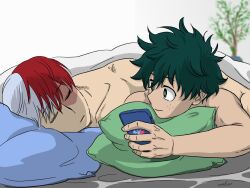  after_sex bare_shoulders bed bed_sheet bedroom boku_no_hero_academia bones_(company) burn_scar cellphone completely_nude curly_hair freckles green_eyes green_hair head_on_pillow highres holding holding_phone indoors messy_hair midoriya_izuku multicolored_hair non_is_not_afro nude on_bed phone pillow plant red_hair scar scar_on_face short_hair shounen_jump sleeping smile tododeku todoroki_shoto two-tone_hair waking_up white_hair yaoi 
