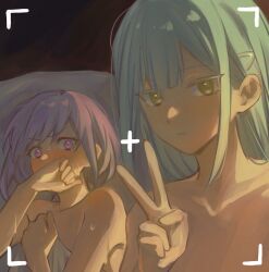  2girls after_sex bang_dream! bang_dream!_it&#039;s_mygo!!!!! bed blanket blush closed_mouth covering_own_mouth elan_ouo green_hair highres long_hair multiple_girls nude pillow purple_hair red_hair short_hair sweat v viewfinder wakaba_mutsumi yellow_eyes yuri yuutenji_nyamu 