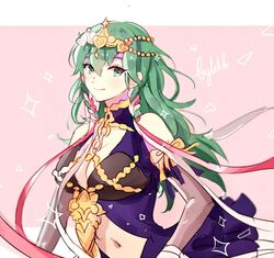  braid breasts byleth_(female)_(fire_emblem) byleth_(fire_emblem) character_name cleavage closed_mouth commentary cosplay dinikee dress english_commentary female fire_emblem fire_emblem:_three_houses green_eyes green_hair hair_ornament hair_ribbon large_breasts long_hair navel pink_background ribbon ribbon_braid side_braid simple_background smile solo sothis_(fire_emblem) sothis_(fire_emblem)_(cosplay) twin_braids upper_body 