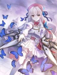  absurdres arcaea blue_butterfly bow brown_eyes bug butterfly commentary_request dutch_angle female flower highres hikari_(arcaea) hikari_(fracture)_(arcaea) lesyef103 long_hair long_sleeves looking_at_viewer outdoors puffy_long_sleeves puffy_sleeves red_bow skirt smile standing thighhighs white_hair white_legwear white_skirt 