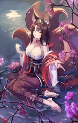  akagi_(azur_lane) akagi_(dawn_phoenix&#039;s_summons)_(azur_lane) animal_ears azur_lane bad_id bad_pixiv_id breasts brown_tail chinese_clothes cleavage eyeliner female fox_ears fox_girl fox_tail hair_ornament highres japanese_clothes kimono kitsune kyuubi large_breasts makeup multiple_tails nail_polish official_alternate_costume open_clothes open_kimono partially_submerged shimotsuki_shio sitting solo tail water wide_sleeves yellow_eyes yokozuwari 