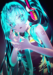  aqua_eyes aqua_hair aqua_nails aqua_necktie breasts colored_tears commentary_request crying crying_with_eyes_open dutch_angle female from_below glowing glowing_eyes hair_over_shoulder hatsune_miku headset highres long_hair nail_polish necktie parted_lips sawashi_(ur-sawasi) shirt sleeveless sleeveless_shirt small_breasts solo tears twintails vocaloid 