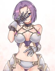  armor bikini_armor blue_eyes blush breasts cleavage commentary embarrassed female gauntlets jun_(princess_connect!) jun_(summer)_(princess_connect!) kurushima_gire large_breasts looking_at_viewer navel official_alternate_costume outdoors parted_bangs princess_connect! purple_hair simple_background smile stomach swimsuit umbrella upper_body white_background 