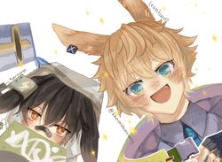  1other 2boys animal_ears arknights artist_name ayerscarpe_(arknights) bandaid bandaid_on_face bandaid_on_nose bishounen blonde_hair brown_hair fingerless_gloves gloves green_eyes helm helmet highres jacket khnunkhunnaang leonhardt_(arknights) looking_at_viewer male_focus multiple_boys necktie rabbit_boy rabbit_ears short_hair sparkle yellow_eyes 