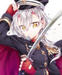  azur_lane cape closed_mouth commentary_request crossed_bangs dated ear_piercing epaulettes female fingerless_gloves frown gloves grey_hair hair_between_eyes hair_ornament hairclip hand_on_headwear hat highres holding holding_sword holding_weapon horns katana kinu_(azur_lane) kinu_(retrofit)_(azur_lane) looking_at_viewer low_ponytail military military_hat military_uniform oni_horns piercing red_gloves satsuki_meguru signature solo sword tied_hair uniform upper_body weapon white_hair yellow_eyes 