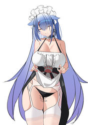  absurdres animal_ear_fluff animal_ears black_collar black_panties blue_hair breasts cat_ears closed_eyes clothes_lift collar collarbone cowboy_shot dress dress_lift earrings female frilled_collar frilled_dress frills garter_belt hair_between_eyes hair_ornament hairclip highres jewelry large_breasts long_hair maid maid_headdress original panties paw_print sidelocks solo sq tally thighhighs underwear very_long_hair white_dress 