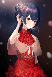  bare_shoulders blue_hair blush breasts commentary dress earrings female hair_bun hair_ornament highres idolmaster idolmaster_shiny_colors jewelry looking_at_viewer morino_rinze parted_lips red_dress red_eyes short_hair single_hair_bun small_breasts snowing solo takeashiro 