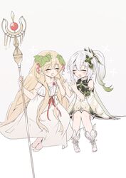  2girls absurdly_long_hair absurdres blonde_hair cape closed_eyes crossover detached_sleeves dress food fruit genshin_impact gold_trim gradient_hair grapes green_cape green_hair green_sleeves hair_fruit hair_ornament highres holding holding_scepter leaf_hair_ornament long_hair magi_the_labyrinth_of_magic multicolored_hair multiple_girls nahida_(genshin_impact) open_mouth pointy_ears scepter scheherazade_(magi) side_ponytail sitting sleeveless sleeveless_dress smile staff stirrup_footwear toeless_footwear usako_(usako1031) very_long_hair wavy_hair white_dress white_footwear white_hair 