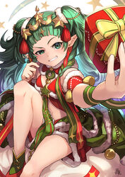  box braid commentary female fire_emblem fire_emblem:_three_houses fire_emblem_heroes fur_trim gift gift_box green_eyes green_hair grin hair_ornament hair_ribbon highres knee_up long_hair nakabayashi_zun pointy_ears ribbon ribbon_braid side_braid sitting smile solo sothis_(fire_emblem) sothis_(winter)_(fire_emblem) tiara twin_braids 