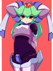  android arms_behind_back breasts commentary_request cropped_jacket female green_hair helmet highres kurokimono001 long_hair looking_at_viewer mega_man_(series) mega_man_zx model_w_(mega_man) pandora_(mega_man) red_eyes skin_tight solo 