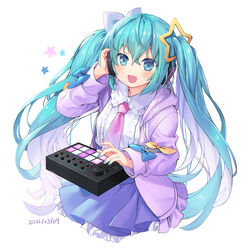  39 :d alternate_costume aqua_eyes aqua_hair blush commentary cowboy_shot dated digital_stars digital_stars_miku digital_stars_miku_(2021) dj female fingernails hair_ornament hatsune_miku headphones hood hooded_jacket jacket kyou-chan long_hair long_sleeves miku_day mixing_console nail_polish necktie open_mouth page_number purple_jacket purple_skirt skirt smile solo star_(symbol) star_hair_ornament twintails vocaloid 