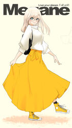  backpack bag blonde_hair blue_eyes breasts closed_mouth converse cover dress english_text eyelashes fake_magazine_cover female glasses happy high_tops highres hiragana_oufu light_smile long_hair long_skirt looking_at_viewer magazine_cover medium_breasts original round_eyewear shoes simple_background skirt skirt_hold sleeves_past_elbows smile sneakers solo standing sweater swept_bangs turtleneck turtleneck_sweater watch white_sweater yellow_background yellow_dress yellow_footwear yellow_skirt 