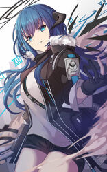  arknights bangs black_gloves black_jacket black_shorts blue_eyes blue_hair breasts commentary cowboy_shot english_commentary female fur-trimmed_jacket fur_trim gloves grin highres horns jacket long_hair long_sleeves looking_at_viewer medium_breasts mostima_(arknights) open_clothes open_jacket parted_lips roman_numeral shirt short_shorts shorts smile solo standing stratoz white_background white_shirt 