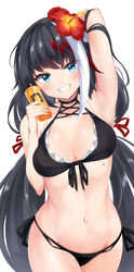  arm_up armpits azur_lane bare_arms bare_shoulders bikini black_bikini black_hair blue_eyes blush breasts commentary cowboy_shot deutschland_(azur_lane) deutschland_(service_time?!)_(azur_lane) female flower front-tie_bikini_top front-tie_top grin groin hair_flower hair_ornament halterneck hand_up hibiscus highres holding irohara long_hair looking_at_viewer manjuu_(azur_lane) medium_breasts mole multicolored_hair navel official_alternate_costume red_flower red_hair revision sharp_teeth side-tie_bikini_bottom simple_background smile solo standing stomach streaked_hair string_bikini swimsuit teeth very_long_hair white_background white_hair 