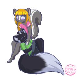  1:1 alpha_channel anthro athletic_wear big_tail black_body black_fur blonde_hair bottomwear closed_eyes clothing duo female fluffy fluffy_tail fur grey_body grey_fur gym_bottomwear gym_shorts hair head_on_lap hi_res inner_ear_fluff lemmy_(lemmy_niscuit) lolly_(butterscotchlollipop) long_hair lying mammal markings medicatedcannibal mephitid multicolored_body multicolored_fur on_back on_lap purple_eyes shirt shorts signature sitting skunk spotted_skunk tail topwear tuft two_tone_body two_tone_fur white_body white_fur 