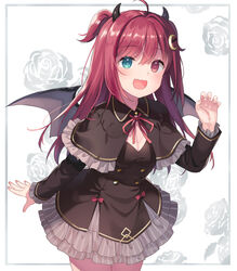  :d black_capelet black_dress blush breasts capelet claw_pose commentary_request crescent crescent_hair_ornament demon_girl demon_horns demon_wings dress female floral_background frilled_capelet frilled_dress frills green_eyes grey_wings hair_between_eyes hair_ornament hand_up heterochromia horns kurasawa_moko leaning_forward long_hair neck_ribbon nijisanji open_mouth photoshop_(medium) pink_nails red_eyes red_hair red_ribbon ribbon rose_background small_breasts smile solo two_side_up very_long_hair virtual_youtuber wings yuzuki_roa yuzuki_roa_(1st_costume) 