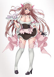  baeg_mi black_footwear black_gloves black_ribbon black_skirt blue_eyes breast_tattoo breasts brown_hair choker cleavage commentary cup dress female frilled_dress frills full_body garter_straps gloves hair_between_eyes hair_ribbon hand_up heart heart_tattoo high-waist_skirt high_heels highres holding holding_tray long_hair looking_at_viewer maid maid_headdress o-ring o-ring_choker open_mouth original pink_ribbon puffy_short_sleeves puffy_sleeves ribbon shirt short_sleeves simple_background skirt smile solo standing tattoo teacup teapot teeth thighhighs tray two_side_up upper_teeth_only white_background white_shirt white_thighhighs wide_sleeves wrist_ribbon 