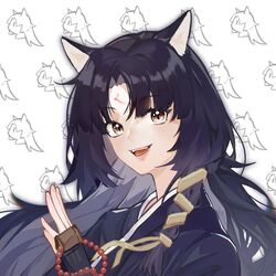  :d absurdres animal_ears arknights bangs beads black_hair black_kimono brown_eyes chinese_commentary commentary_request female graykn highres japanese_clothes kimono long_hair looking_at_viewer open_mouth prayer_beads saga_(arknights) smile solo upper_body white_background 