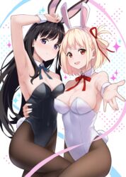  .com_(bot_com1) 2girls animal_ears armpits bare_shoulders black_hair black_leotard blonde_hair bow bowtie breasts brown_pantyhose cleavage commentary_request detached_collar fake_animal_ears fake_tail highres inoue_takina large_breasts leotard long_hair looking_at_viewer lycoris_recoil multiple_girls nishikigi_chisato pantyhose playboy_bunny rabbit_ears rabbit_tail short_hair smile strapless strapless_leotard tail wrist_cuffs 