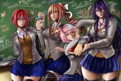  4girls artfinitii black_thighhighs blazer blue_eyes blue_skirt book bow brown_hair chalk chalkboard classroom doki_doki_literature_club fighting green_eyes highres jacket long_hair monika_(doki_doki_literature_club) multiple_girls natsuki_(doki_doki_literature_club) pink_eyes pink_hair ponytail purple_eyes purple_hair red_bow ribbon sayori_(doki_doki_literature_club) school_uniform short_hair skirt thick_thighs thighhighs thighs tied_hair watermark web_address white_ribbon wide_hips writing yuri_(doki_doki_literature_club) 