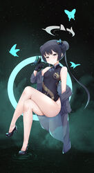  bare_legs black_background black_dress black_gloves black_hair blue_archive blue_butterfly breasts bug butterfly butterfly_hair_ornament butterfly_on_hand chinese_clothes crossed_legs double_bun dress female full_body gloves gradient_background grey_eyes hair_bun hair_ornament halo high_heels highres kisaki_(blue_archive) light_particles long_hair looking_at_viewer off_shoulder shirt short_dress side_slit sitting small_breasts solo sorbitol striped_clothes striped_shirt thighs twintails 