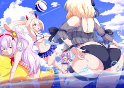  4girls adapted_costume adjusting_clothes adjusting_swimsuit afloat alternate_costume animal_ears armpits ass ayanami_(azur_lane) azur_lane ball bare_shoulders beachball bikini bikini_top_only black_bikini blonde_hair blue_bikini blue_sky breasts closed_eyes clothing_cutout cloud cloudy_sky commentary_request cross_hair_ornament day fake_animal_ears flat_chest flower frilled_bikini frills green_eyes hair_between_eyes hair_flower hair_ornament hairband halterneck headgear high_ponytail javelin_(azur_lane) javelin_(beach_picnic!)_(azur_lane) jumping kamitsuki_shion laffey_(azur_lane) leaning_forward light_purple_hair long_hair manjuu_(azur_lane) medium_hair microskirt multiple_girls navel official_alternate_costume one-piece_swimsuit orange_eyes outdoors partially_submerged partially_underwater_shot pleated_skirt purple_hair purple_skirt rabbit_ears red_flower red_hairband sakura_empire_(emblem) see-through see-through_shirt shirt shoulder_cutout skirt sky sleeping standing stomach striped_clothes striped_one-piece_swimsuit swimsuit thigh_strap twintails very_long_hair volleyball volleyball_(object) water water_volleyball z23_(azur_lane) z23_(breezy_doubles)_(azur_lane) 