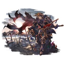  1boy armor armored_boots axe boots breastplate brown_hair cape cloud cup draph facial_hair floating_cape full_body gauntlets geisenborger gourd granblue_fantasy greaves holding holding_cup horns japanese_armor male_focus mask medium_hair menpoo mountainous_horizon official_alternate_costume official_art outdoors pinwheel planted planted_spear planted_sword polearm sakazuki sheath sheathed shield shoulder_armor sitting sode solo spear stubble sunrise sword sword_behind_back torn_cape torn_clothes transparent_background unworn_mask weapon 