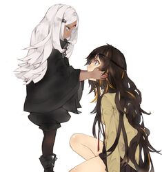  2girls black_hair boots commentary_request elisa_(girls&#039;_frontline) girls&#039;_frontline height_difference highres holding_another&#039;s_head ki_lllorz kneeling korean_commentary looking_up m16a1_(girls&#039;_frontline) multiple_girls necktie pantyhose sangvis_ferri white_background white_hair 