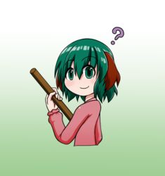  ? animal_ears broom commentary commentary_request female gradient_background green_background green_hair hair_between_eyes holding holding_broom kasodani_kyouko long_sleeves looking_at_viewer looking_back partial_commentary pink_shirt rakugaki-biyori shirt short_hair simple_background smile solo touhou upper_body 