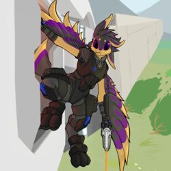  1:1 3_toes 4_ears :3 alien ambiguous_gender anthro armor avali avalon_(avali_homeworld) avian black_armor black_body boots clothed clothing compound_lift cute_fangs digitigrade feathered_crest feathers feet footwear head_crest hi_res jiroku looking_forward multi_ear plant purple_eyes purple_sclera simple_background solo tan_body toes tree vehicle weapon winged_arms wings 