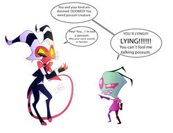  2021 alien alien_humanoid demon detailed dialogue digital_media_(artwork) duo english_text galo glowing glowing_eyes helluva_boss hi_res horn humanoid imp invader_zim irken male moxxie_(helluva_boss) nickelodeon open_mouth simple_background size_difference standing text voice_actor_joke white_background zim_(invader_zim) 