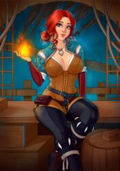  breasts brown_eyes cleavage element_bending female fire hair_bun jewelry large_breasts looking_at_viewer magic necklace pyrokinesis red_hair sienna_artwork single_hair_bun smile the_witcher_(series) the_witcher_3 triss_merigold witch 