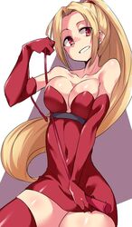  bare_shoulders blonde_hair breasts buta-don cleavage collarbone commentary_request dress elbow_gloves female gloves holding large_breasts long_hair looking_at_viewer ponytail red_dress red_gloves short_dress shynesslady simple_background smile solo star_ocean star_ocean_the_second_story strapless very_long_hair 